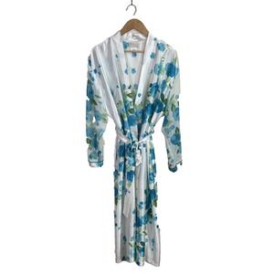 Vtg California Dynasty Womens Robe Sz L Satin Floral Long White‎ Blue Tie